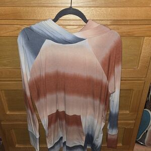LuLaRoe Women's Hooded Long Sleeve Top in Rust, Blue and Cream Tie-Dye